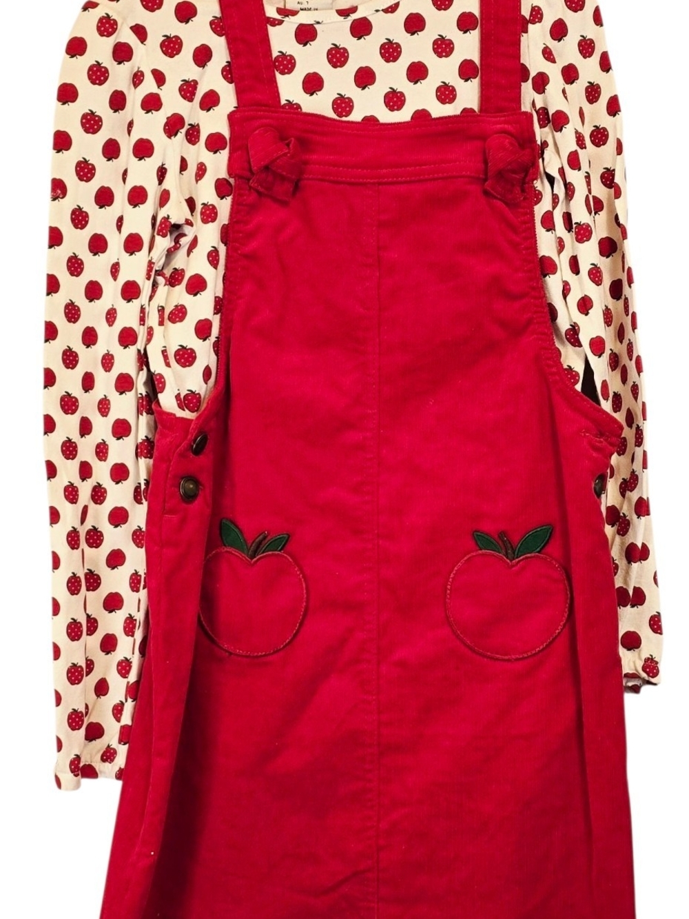 Max Studio Kids Girls Red Corduroy Jumper Dress Apple Print Shirt Size 7 Set